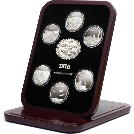 The Sands Of Gallipoli Great War 1916 -2016 Commemorative Medallion Set is a limited edition collection of six proof quality silver finish medallions. This set pays tribute to Australia's involvement in the war of 1916, showcasing the bravery and sacrifices made by the Australian navy, the Australian Flying Corps, and the soldiers of the A.I.F. www.defenceqstore.com.au