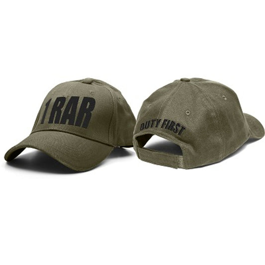 1st Battalion Royal Australian Regiment (1RAR) Cap. Heavy brushed cotton cap with 1RAR embroidered on the front and Duty First embroidered on the back. Hook and Loop adjustment to fit most. www.defenceqstore.com.au