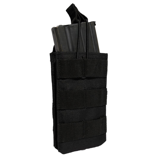 The MOLLE Open Top Single Mag Pouch fits most standard sized rifle magazines and features two MOLLE clips on the back for mounting on tactical vests. The tactical magazine pouch measures 3.75 inches X 5.5 inches X 1.25 inches. www.defenceqstore.com.au