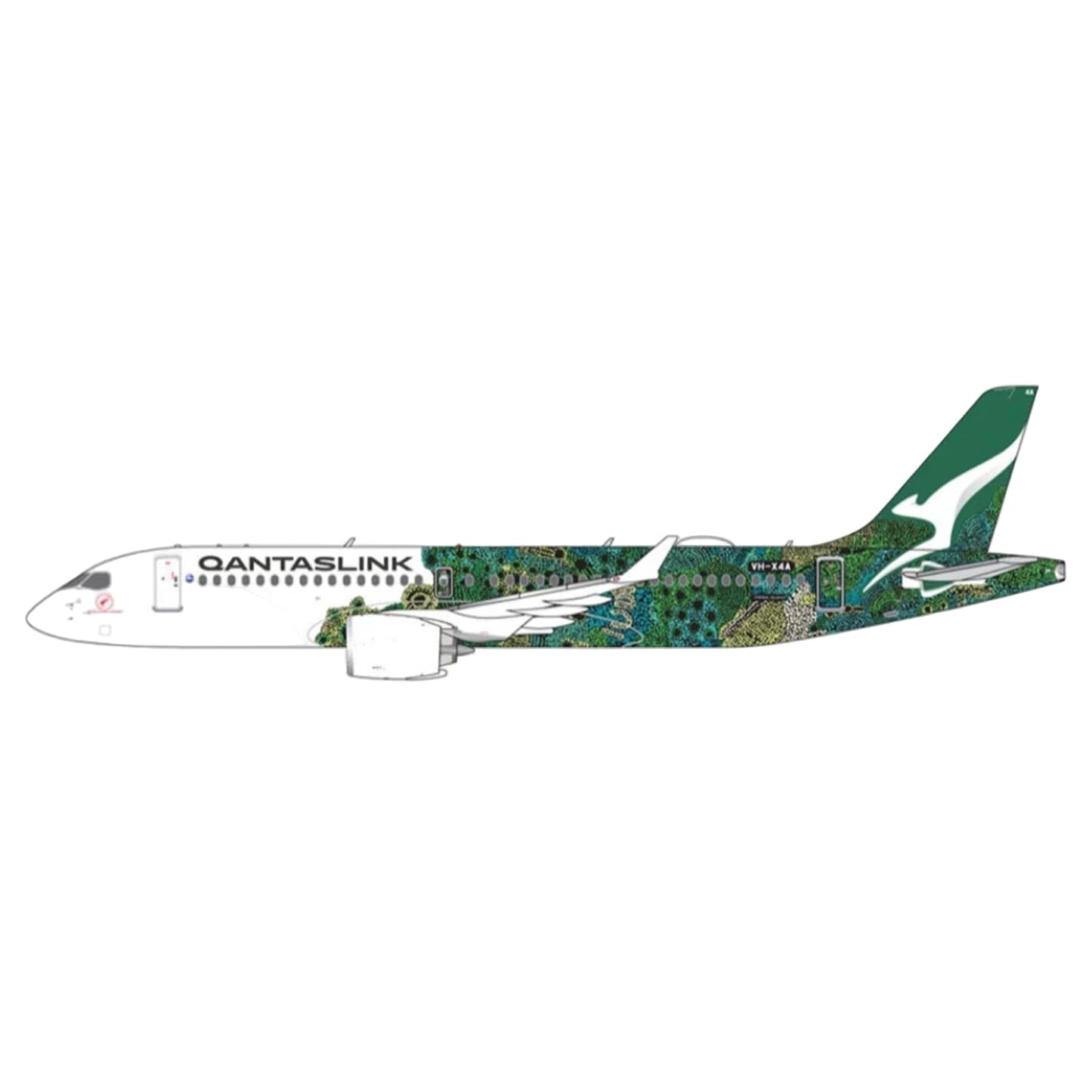 Discover the beauty of Indigenous storytelling with this striking 1/400 scale A220-300 from Gemini Jets, featuring QantasLink's vibrant "Minyma Kutjara Tjukurpa" green livery on aircraft VH-X4A. www.defenceqstore.com.au