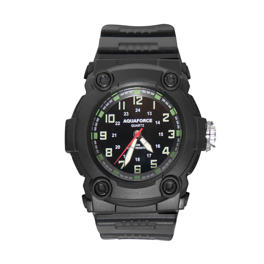 The Aquaforce Combat Watch is a rugged, versatile and comfortable military watch that will add style to your uniform. The combat watch features Quartz movement, luminous hands, and an hour maker all attached to a rubber adjustable wrist strap. “AQUAFORCE QUARTZ” is written in white in the center of the face. The Watch is water resistant up to 50m, making it perfect for underwater activities. www.defenceqstore.com.au