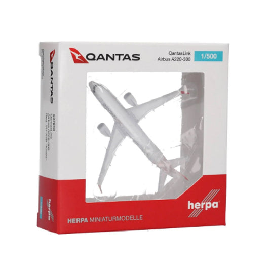 Celebrate modern Australian aviation with this charming 1/500 scale Airbus A220-300 from Herpa, featuring Qantaslink's beloved "Koala" livery on aircraft VH-X4B. This finely detailed collectible showcases the next-generation regional airliner that's transforming Qantas's domestic network, rendered with exceptional precision and authenticity. www.defenceqstore.com.au