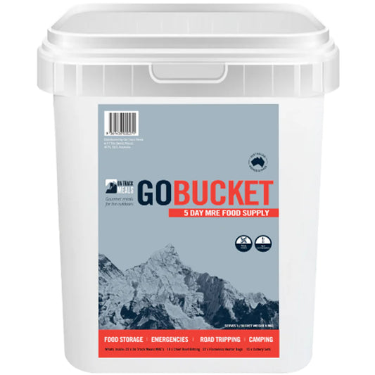 The GoBucket is a complete, ready-to-go 5-day food supply kit designed to meet your needs in emergencies, outdoor adventures, road trips, and camping. With a variety of gourmet MREs and essential extras, this bucket ensures you're well-fed and prepared wherever life takes you. www.defenceqstore.com.au