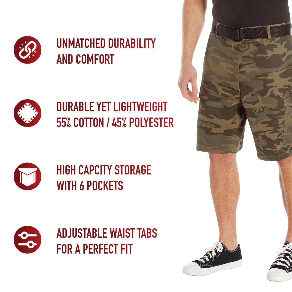 Rothco’s Tactical Camo BDU Shorts are just what you need for the trail, range, and casual style. Constructed from a cotton / polyester fabric blend, our military shorts are built for unparalleled performance, comfort, and convenience while you are on the field. www.defenceqstore.com.au