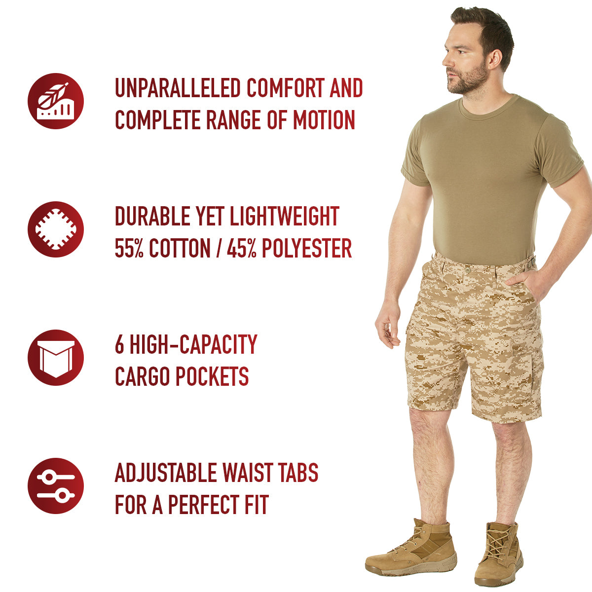 Rothco’s Tactical Camo BDU Shorts are just what you need for the trail, range, and casual style. Constructed from a cotton / polyester fabric blend, our military shorts are built for unparalleled performance, comfort, and convenience while you are on the field. www.defenceqstore.com.au