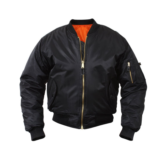 Luxurious Air Force MA-1 Flight Jacket combines classic bomber-style with modern practicality - including a fully reversible rescue orange polyester lining, a 100% nylon water repellent outer shell, and Poly Fiberfill for extra warmth. www.defenceqstore.com.au front view black