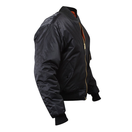 Luxurious Air Force MA-1 Flight Jacket combines classic bomber-style with modern practicality - including a fully reversible rescue orange polyester lining, a 100% nylon water repellent outer shell, and Poly Fiberfill for extra warmth. www.defenceqstore.com.au side view black