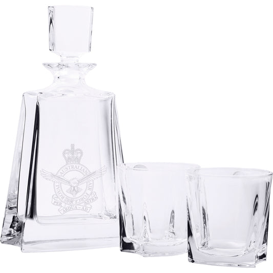 Exceptional quality Air Force Bohemia Crystal Whisky Set, order now from the military specialists. Quality that last a life time, this beautiful Bohemia whisky set comprises of a heavy crystal decanter which is sandblasted with the Air Force crest and two quality crystal glasses.