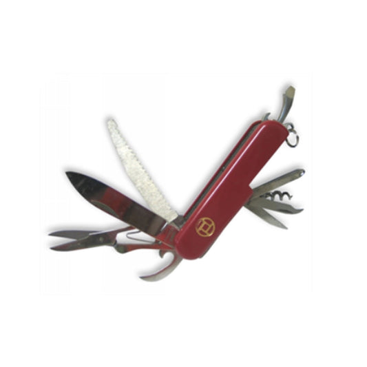 Replica swiss army knife with 9 functions, these include, a straight blade knife, a small saw, scissors, a bottle and can opener, cork screw, phillips head screw driver, flat head screw driver as well as a file and a reamer, which all folds down with small keyring.   Key ring  9 functions  Folds down to 9cm  Stainless steel www.defenceqstore.com.au