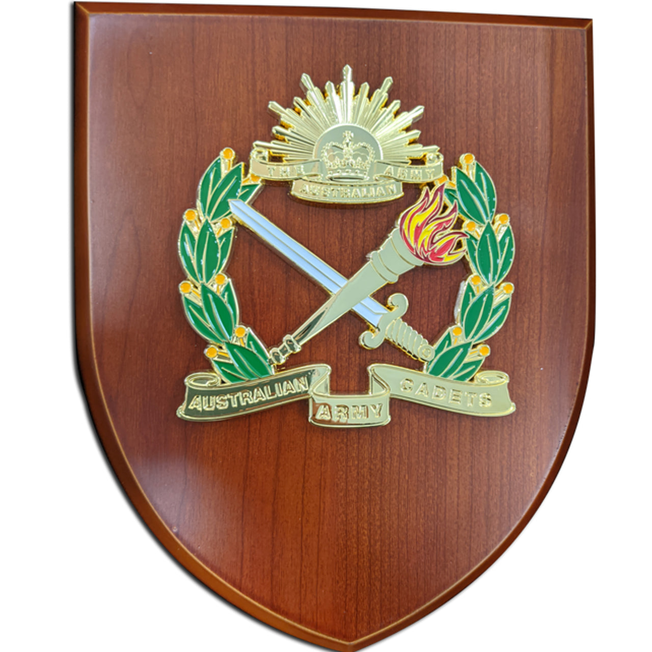 An Exceptional Australian Army Cadet (AAC) Plaque is now available for order. This exquisite plaque showcases a stunning 100mm full colour enamel crest, elegantly placed on a 200x160mm timber finish shield. It comes beautifully presented in a sleek silver gift box, complete with a form cut insert. www.defenceqstore.com.au