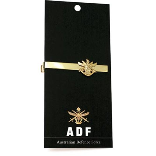 Australian Defence Force (ADF) 20mm cut out tie bar.  Displayed on a presentation card with a brief history of the ADF. This beautiful gold plated tie bar looks great on both work and formal wear. www.defenceqstore.com.au