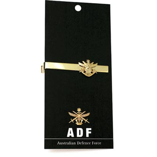 Australian Defence Force (ADF) 20mm cut out tie bar. Displayed on a presentation card with a brief history of the ADF. This beautiful gold plated tie bar looks great on both work and formal wear. www.defenceqstore.com.au
