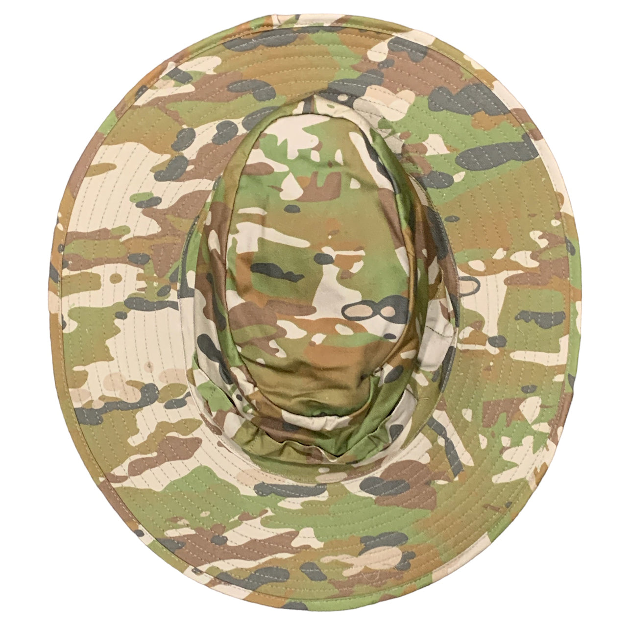 Experience the ultimate in style and functionality with the Army Australian Multicam Wide Brimmed Boonie Hat AMCU. Featuring a classic slouch hat design with a trendy 83 mm wide brim, this hat also includes a convenient cord chinstrap and cord lock www.defenceqstore.com.au top view of material