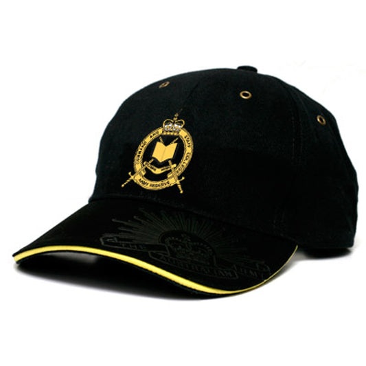 This Army Reserve Command and Staff College (ARCSC) cap is a premium combination of fashion and function. Its stylish heavy brushed cotton construction features the ARCSC crest embroidered on the front and the Rising Sun Badge embossed on the peak and engraved on the strap buckle. www.defenceqstore.com.au