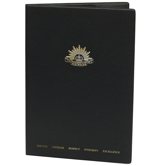 Black heavy grain leather look certificate folder with two plastic pockets on the inside cover Army logo on the front cover www.defenceqstore.com.au