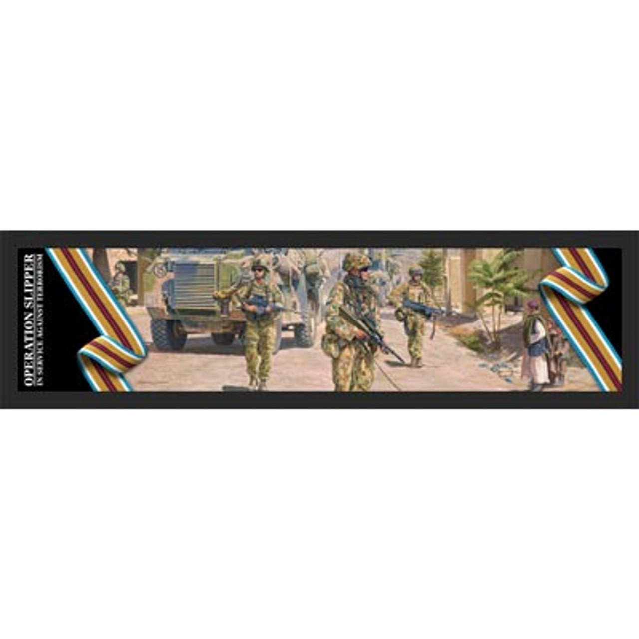 Introducing the exceptional Afghanistan Campaign Artwork Bar Runner. This bar runner showcases the captivating story of a village patrol, as depicted in military artist Barry Spicer's 2013 oil on canvas, 'Operation Slipper - In Service Against Terrorism'. www.defenceqstore.com.au