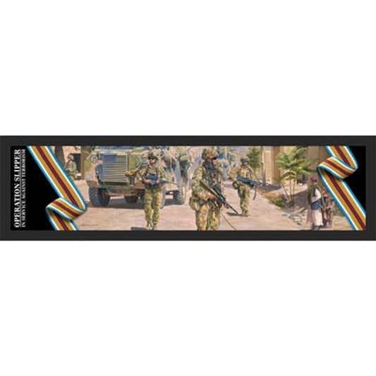 Introducing the exceptional Afghanistan Campaign Artwork Bar Runner. This bar runner showcases the captivating story of a village patrol, as depicted in military artist Barry Spicer's 2013 oil on canvas, 'Operation Slipper - In Service Against Terrorism'. www.defenceqstore.com.au