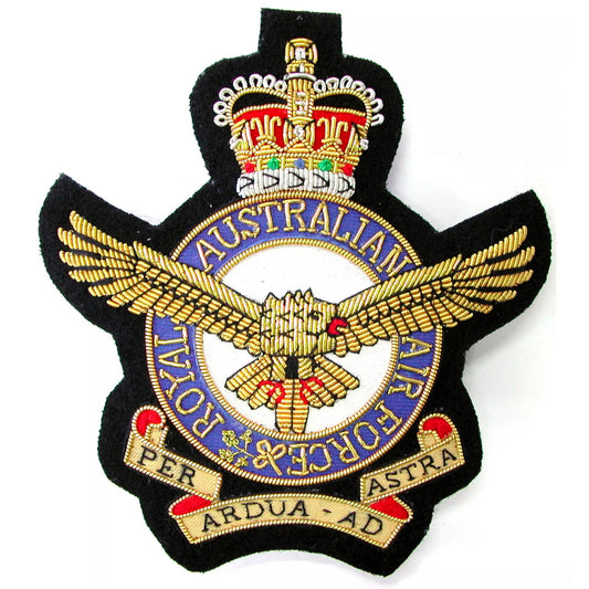 Exquisite Air Force Bullion Pocket Badge ideal to accessorize your Blazer, bag or any place you seek a fashionable badge. Approximately 80x80mm. Fastens firmly with 3 butterfly clasps on the rear. You'll love your new stylish accessory, crafted with a timeless look that will last for years. Bright and eye-catching, this badge adds a luxurious touch to your favorite wardrobe pieces. www.defenceqstore.com.au