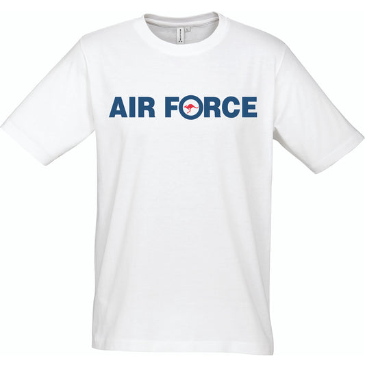 The Royal Australian Air Force branded T-Shirt with colour printed RAAF logo on chest. Supersoft combed cotton for maximum comfort.  Specifications:  Materials: Supersoft combed cotton Colour: White, navy, red Size: XS - 2XL www.defenceqstore.com.au