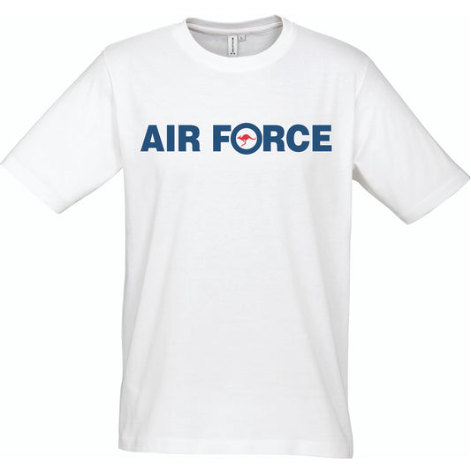 The Royal Australian Air Force branded T-Shirt with colour printed RAAF logo on chest. Supersoft combed cotton for maximum comfort. Specifications: Materials: Supersoft combed cotton Colour: White, navy, red Size: XS - 2XL www.defenceqstore.com.au