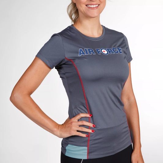 The Air Force Ladies Sport Shirt Grey/Blue is a stylish and comfortable sport shirt branded with the Royal Australian Air Force logo. Made from a lightweight polyester/spandex blend, this shirt is perfect for workouts as it will keep you cool and comfortable. Stay stylish and show your support for the Air Force with this sport shirt. www.defenceqstore.com.au