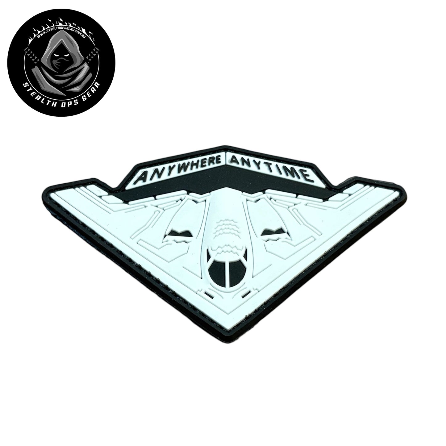 USAF B-2 Spirit Strategic Stealth Bomber Anywhere Anytime Morale PVC - Stealth Ops Gear. This bold PVC morale patch delivers attitude and authenticity to your tactical gear, backpack, or everyday carry. www.defenceqstore.com.au