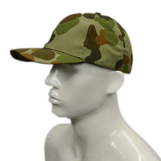 Baseball cap with adjustable back. Colour: Auscam Material: 100% Cotton Size: One Size Fits All with hook & loop adjuster at the back of the cap. www.defenceqstore.com.au