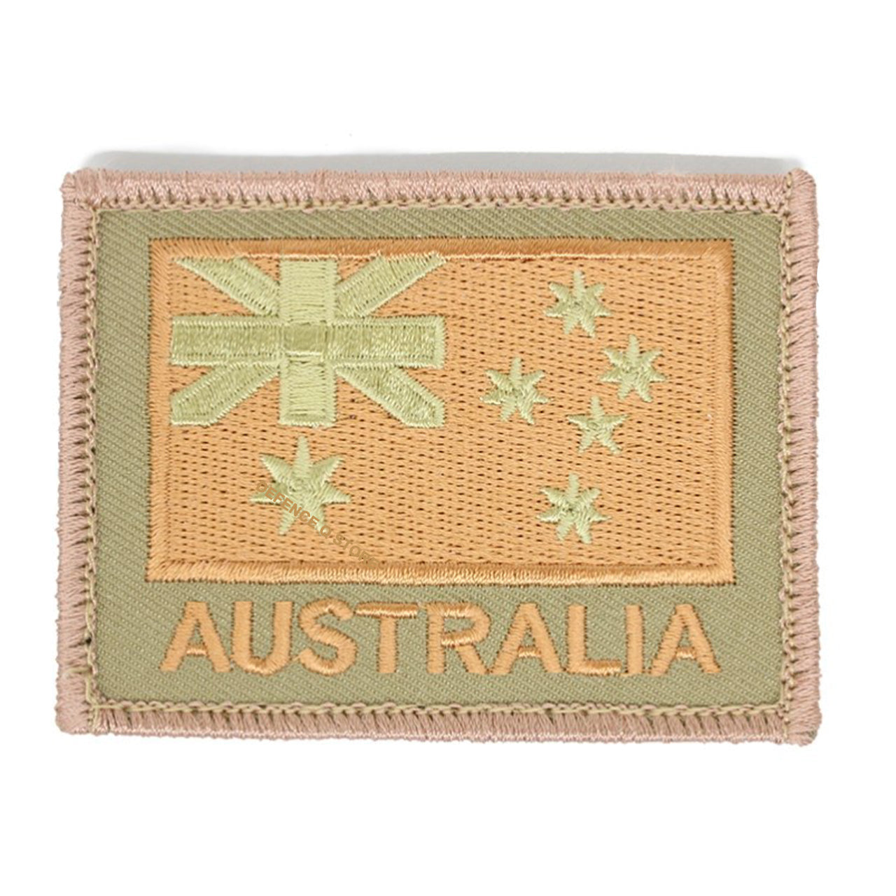 The Australia Flag Tan On Khaki Embroidery Velcro Backed Patch features our embroidery style Australian National flag on a stylish khaki background, complete with the inspiring word "AUSTRALIA" underneath. Measuring 75 x 55mm, this patch is the perfect way to show your love for Australia in a subtle yet powerful way. www.defenceqstore.com.au