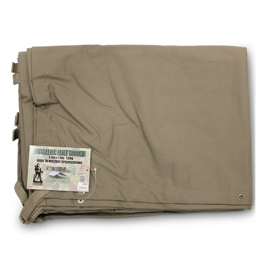 A highly versatile item, this Hoochie (or Hutchie, or Basha Tent) is made to military specifications from 100% waterproof Australian Military fabric. Perfect protection from the sun or rain, the Australian Army Half Shelter is ideal for use with swags or even as a ground sheet. www.defenceqstore.com.au