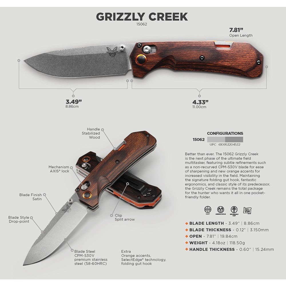 New Grizzly for 2024, and better than ever. The 15062 Grizzly Creek is the next phase of the ultimate field multitasker, featuring subtle refinements such as a non-recurved CPM-S30V blade for ease of sharpening and new orange accents for increased visibility in the field. Maintaining the signature folding gut hook, fantastic ergonomics, and classic style of its predecessor, the Grizzly Creek remains the total package for the hunter who wants it all in one pocket-friendly folder www.defenceqstore.com.au