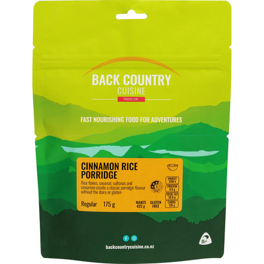 This breakfast is light to carry and provides tasty, fast nourishing food for adventure with rice flakes, coconut, sultanas and cinnamon to create a classic porridge flavour without the dairy or gluten. Vegan. www.defenceqstore.com.au 175g regular