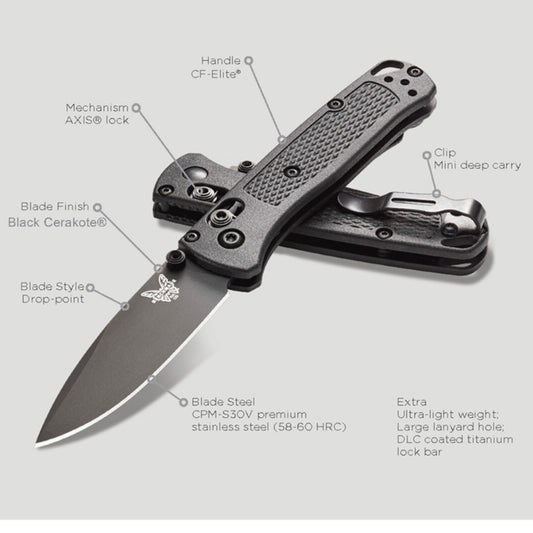 Benchmade's all-black variant of the Mini Bugout packs a mean punch, and does it with class. Now available in three different colourways, the Mini Bugout maintains the same material configuration as its full-sized counterparts in a 42 gram package. www.defenceqstore.com.au