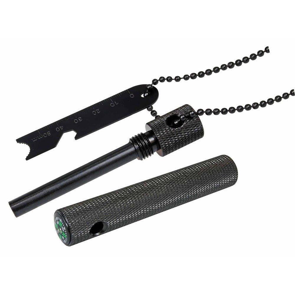 An indispensable utensil in emergency situations, the magnesium fire starter. The chips produced with the enclosed scraper help tremendously to rapidly kindle the camp fire or emergency flare. Sturdy construction in a threaded aluminium body with non-slip checkering. Compass integrated into the housing. www.defenceqstore.com.au