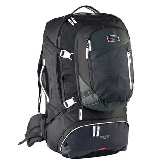 Premium quality travel pack series (65L and 75L sizes available) Detachable zip off style multi-functional daypack is great for day trips or carry-on use Easy to adjust Vantage harness with internal aluminium frame provides great back support and assists load distribution Sternum strap and padded hip belt with lumbar support Concealable harness cover protects the Vantage back system during air/land/sea transit Heavy duty water resistant base panels www.defenceqstore.com.au