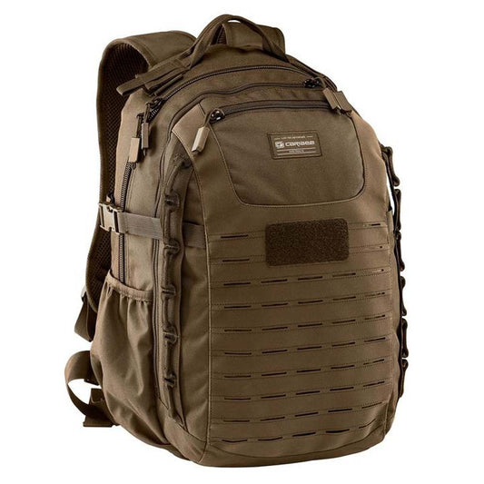 Volume: 35L/50 x 32 x 24cm Military inspired multi-compartment 35L daypack Action Back Extreme padded harness system Sternum strap & removable webbing hip belt for improved pack stability Hydration Ready – just add 2L or 3L reservoir Molle webbing attachment points Front panel HD laser cut lashing points HD webbing carry handle with hydration exit port Multiple internal storage pockets Side accessory/bottle pockets www.defenceqstore.com.au