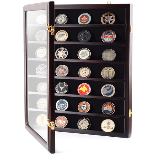 This stylish 390mm x 460mm x 55mm high gloss timber veneer Challenge Coin Display Case by Master Creations is about refined quality. There are seven velvet-backed levels to vividly showcase up to 49 coins and all fittings are finished in gold-plate. The shatter-safe hinged Perspex window will keep coins dust free and the cabinet can be wall mounted and even has a velvet backing to protect your wall surface. www.defenceqstore.com.au