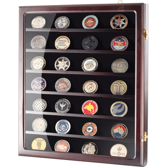 This stylish 390mm x 460mm x 55mm high gloss timber veneer Challenge Coin Display Case by Master Creations is about refined quality. There are seven velvet-backed levels to vividly showcase up to 49 coins and all fittings are finished in gold-plate. The shatter-safe hinged Perspex window will keep coins dust free and the cabinet can be wall mounted and even has a velvet backing to protect your wall surface. www.defenceqstore.com.au