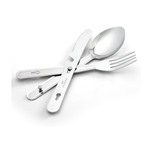 This three piece stainless steel knife, fork and spoon set clip together for easy carrying and storage.
Specifications:
Measures: 14.6cm x 2.54cm
Weighs: 70.9 g www.defenceqstore.com.au