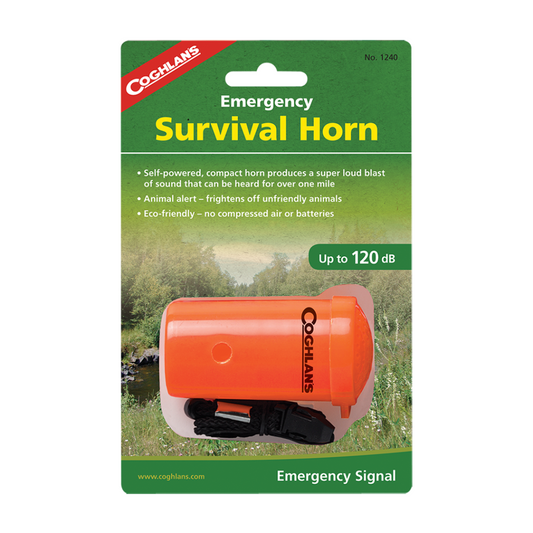The Coghlan's Emergency Survival Horn is very loud! It operates with the simplicity of a mouth horn and blasts out audible sound up to 120dB. The membrane can be easily replaced with any thin flexible film. Comes with SOS printed on the body and a black break-away lanyard. www.defenceqstore.com.au