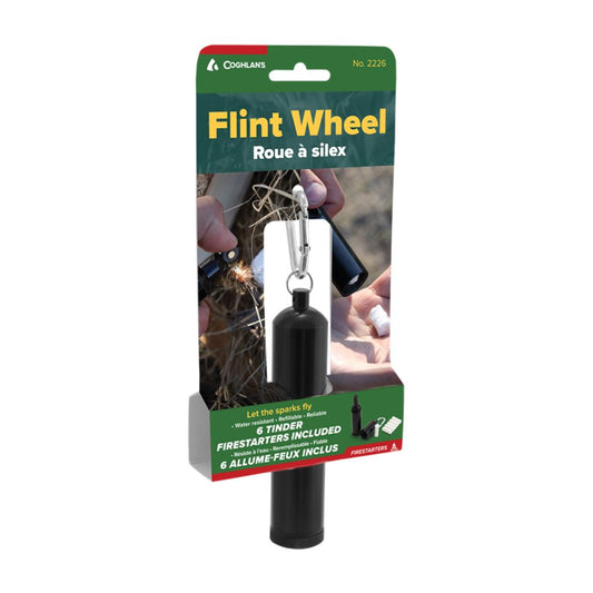 For reliable fire-starting, Coghlan's Flint wheel provides an all-in-one kit, contained in a single, sleek aluminum capsule. This kit offers a convenient way to spark and ignite the included paraffin and cotton tinder, or various other fire starters with a simple and quick, one-handed operation. www.defenceqstore.com.au