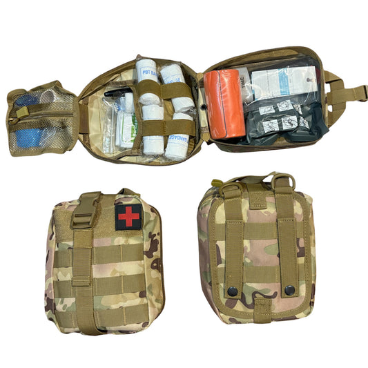 The Combat Trauma Kit Medium With Multicam Pouch Bundle is for emergency treatment for one person in case of injury. www.defenceqstore.com.au