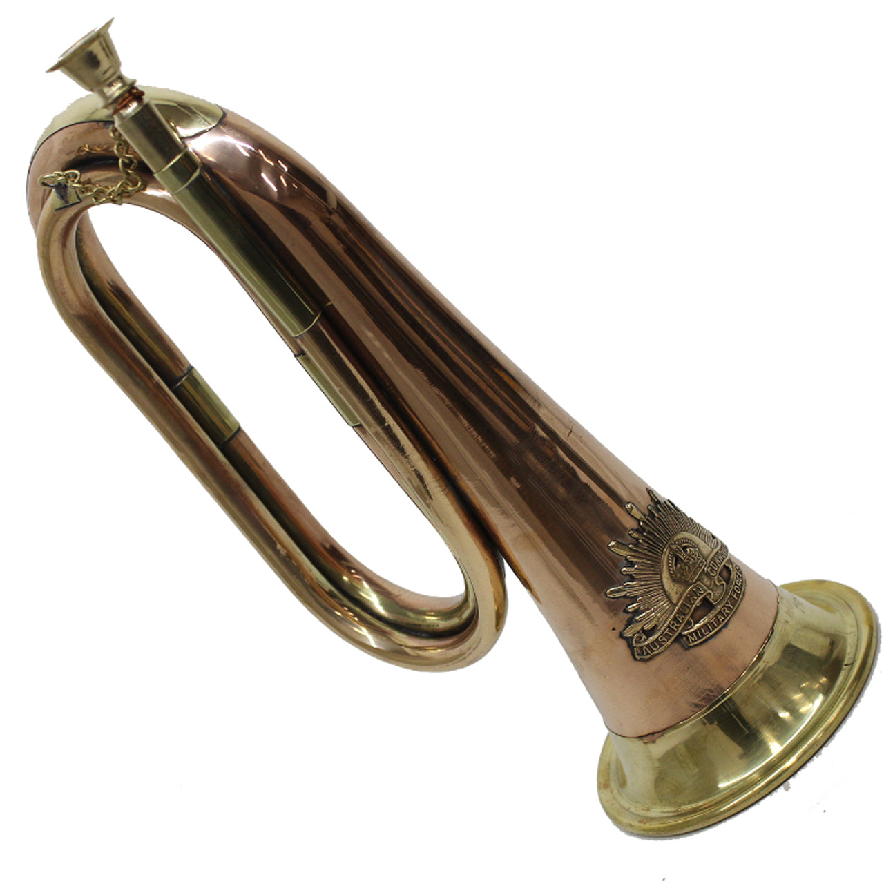 These copper bugles are manufactured as a commemorative display item and are not intended to be played. However I have been told that they product a reasonable sound for the price. These bugles come complete with a rising sun badge and plenty of space for an inscription. www.defenceqstore.com.au