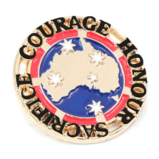 Poignant in its simplicity, this shining gold-finished pin features an outline of the map of Australia, accented by the bold colours of our national flag. The design also highlights the iconic Southern Cross, while the words COURAGE, HONOUR, SACRIFICE serve as a powerful tribute to those who have served. www.defenceqstore.com.au
