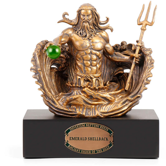 Crafted from cold cast bronze and adorned in antique gold, it pays homage to Neptune's majestic rise from the ocean depths. An emerald green glass sphere clutched in Neptune's hand adds an exquisite touch of rarity and symbolism to this unique figurine, mounted proudly on a finely detailed timber block. www.defenceqstore.com.au