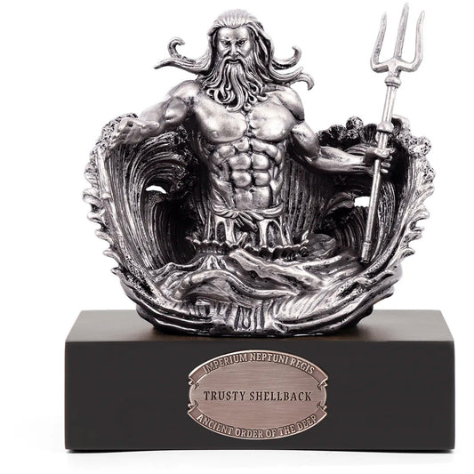 Standing at a commanding 150mm, it is a masterpiece crafted from cold cast bronze, elegantly finished in antique silver. At its heart, a magnificent three-dimensional sculpture of Neptune himself rises from the depths of the ocean, forever immortalized in silver, while perched atop a finely crafted timber block. www.defenceqstore.com.au