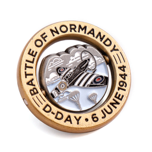 Introducing our exclusive D-Day - Battle of Normandy limited-edition lapel pin, a true collector's item with only 1000 individually numbered pins. This meticulously crafted pin features a unique spinning disc on an axel, allowing the wearer to alter the front-facing image at their discretion. www.defenceqstore.com.au