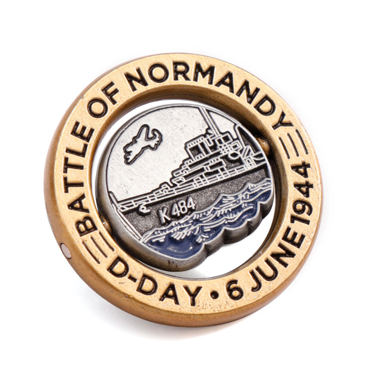 Introducing our exclusive D-Day - Battle of Normandy limited-edition lapel pin, a true collector's item with only 1000 individually numbered pins. This meticulously crafted pin features a unique spinning disc on an axel, allowing the wearer to alter the front-facing image at their discretion. www.defenceqstore.com.au