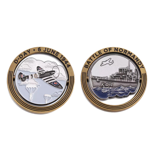 Introducing the exclusive D-Day - Battle of Normandy limited-edition medallion, a true collector's treasure with only 500 units available. This meticulously crafted medallion features a unique spinning disc on an axle, allowing the front-facing view to change effortlessly. www.defenceqstore.com.au