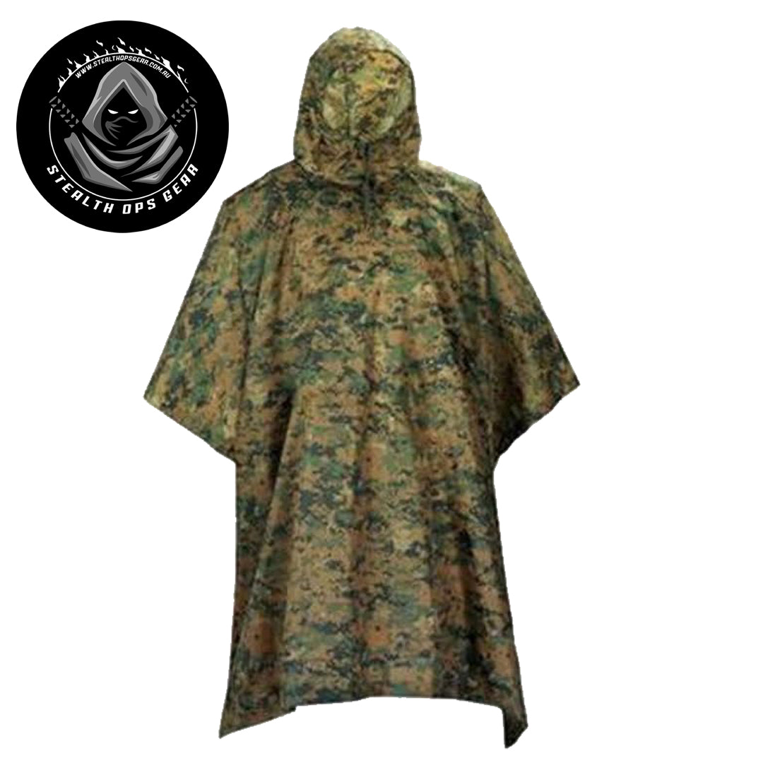 Made from polyester with a camouflage design, this versatile poncho offers both durability and style. It includes a handy stuff bag for easy carrying, and grommets on all corners provide secure attachment options. This lightweight and compact for effortless packing. Use it as a poncho, ground sheet, or emergency shelter to suit your needs. www.defenceqstore.com.au