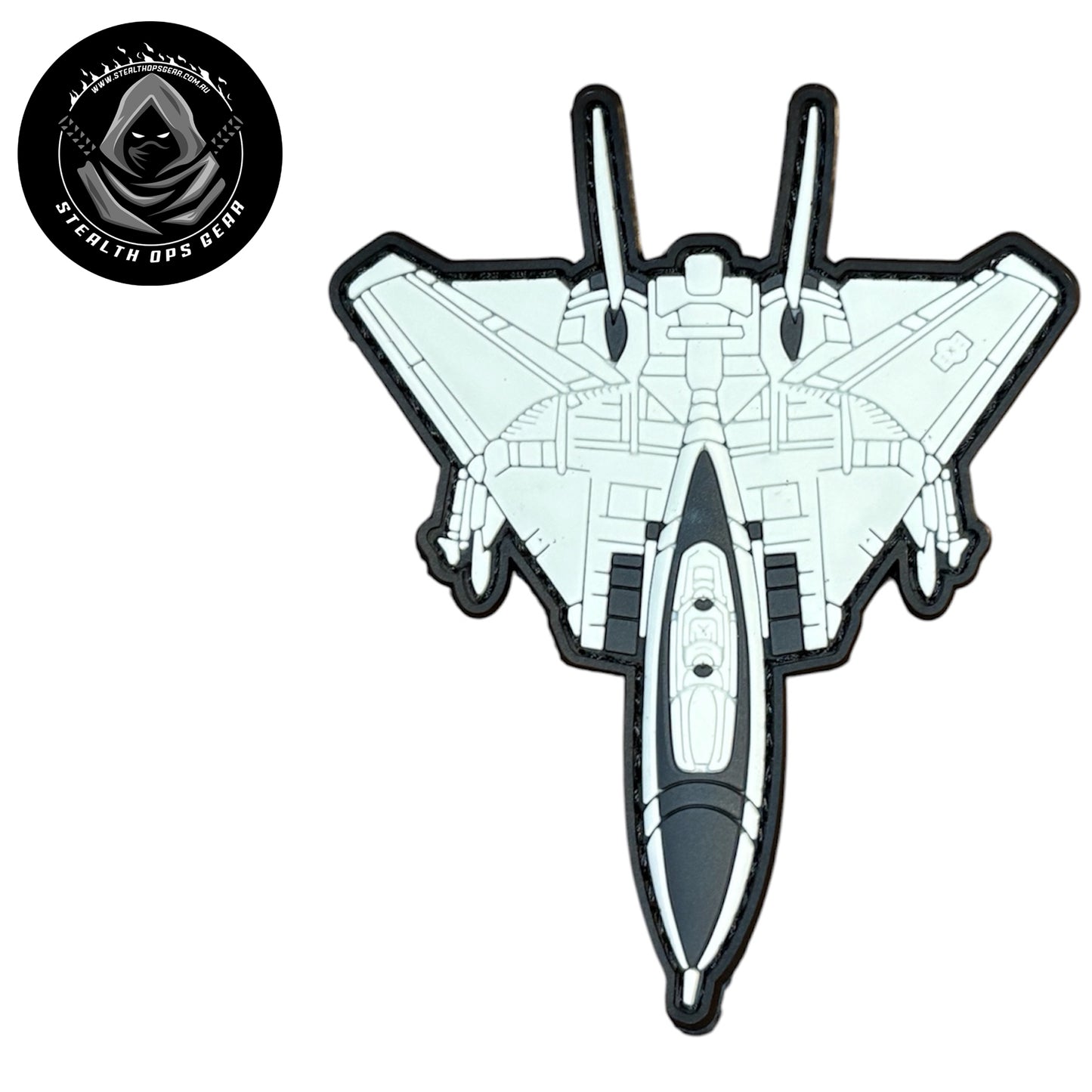 F14 Tomcat White PVC Morale Patch - Stealth Ops Gear. This bold PVC morale patch delivers attitude and authenticity to your tactical gear, backpack, or everyday carry. At 10x8cm, it's sized perfectly for visibility without overwhelming your setup. www.defenceqstore.com.au
